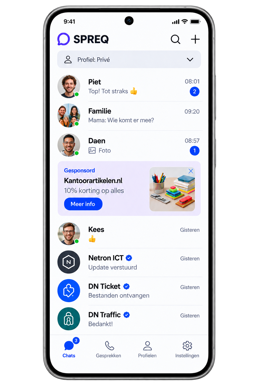 SPREQ Chats-overzicht met profielswitcher, chats en Business Verified-contacten