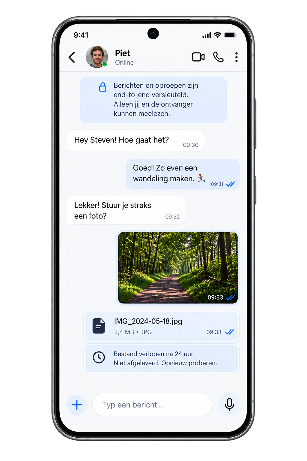 SPREQ chatgesprek met end-to-end versleuteling, foto en afleverstatus